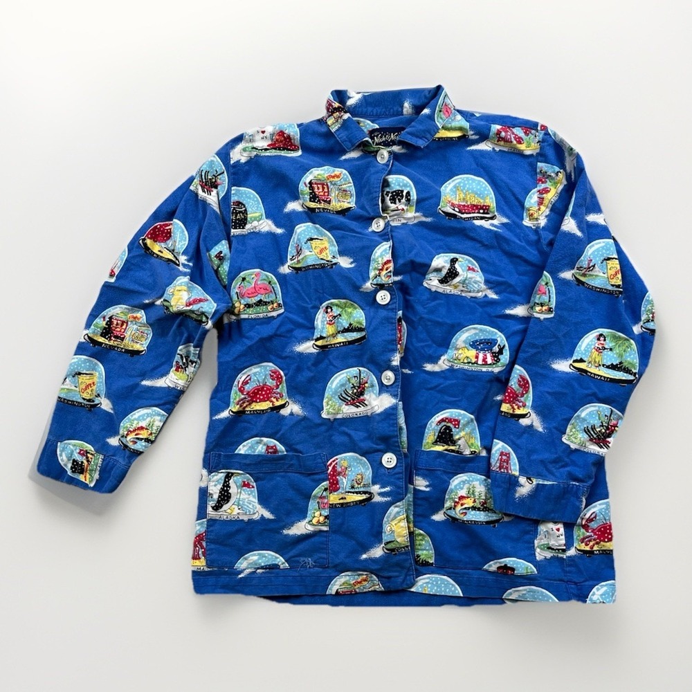 Nick & Nora Pajama Top Sz M USA Snow Globe Flannel Button Up Blue Travel Holiday